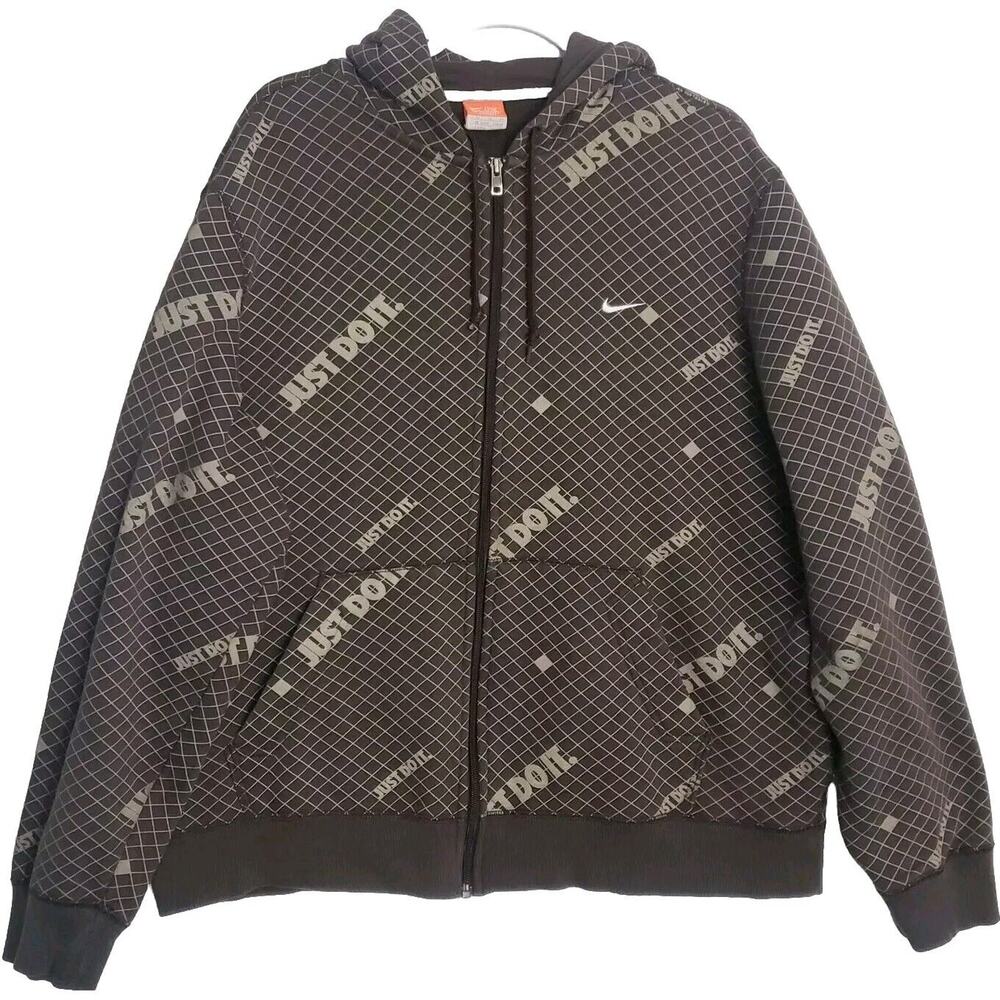 VTG Nike Athletic Dept Brown Full Zip Grid Hoodie Just Do It All Over Logo XL